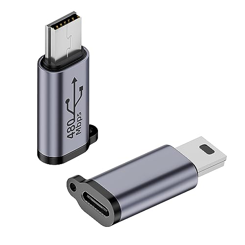 QIANRENON 480Mbps Mini USB Stecker auf USB C Buchse Adapter 18W Mini USB auf USB Type C Daten Anschluss, Aluminium/Aufhängeloch, für Digitalkamera tragbare Festplatten MP3, 2 Stück von QIANRENON