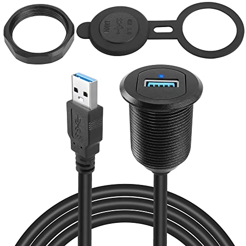 QIANRENON 5Gbps USB 3.0 Eingebettet Autos Wasserdichtes Kabel USB3.0 Stecker auf Buchse Panel Montage Verlängerungskabel, mit LED-Licht,Al Gehäuse,für Armaturenbretter Auto Boote Motorräder,2m/6.5ft von QIANRENON