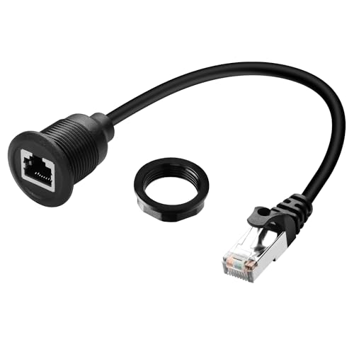 QIANRENON Cat6 RJ45 Eingebettet Montage Netzwerk Kurze Kabel Adapter RJ45 8P8C Stecker auf Buchse Gewinde Fest Anschluss RJ45 Durchführung Schott Einbau Ethernet Buchse, für LAN Switche Router, 30cm von QIANRENON