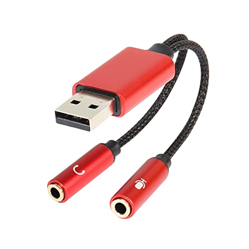 QIANRENON USB-Audio-Adapter, USB 2.0 Stecker auf Dual 3,5 mm Buchse, Headset-Adapter 2 und 1 eingebauter Chip Stereo Soundkarte Klinkenkabel für Kopmuter, Laptop, PSP (rot) von QIANRENON