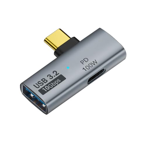 QIANRENON USB C 1 in 2 PD Aufladen OTG Adapter USB C Stecker auf USB C Buchse & USB3.2 Buchse 90° Winkel Anschluss,Gleiche Zeit USB C 100W Laden+USB 10Gpbs Übertragung/OTG,für Phone Tablet Steam Deck von QIANRENON