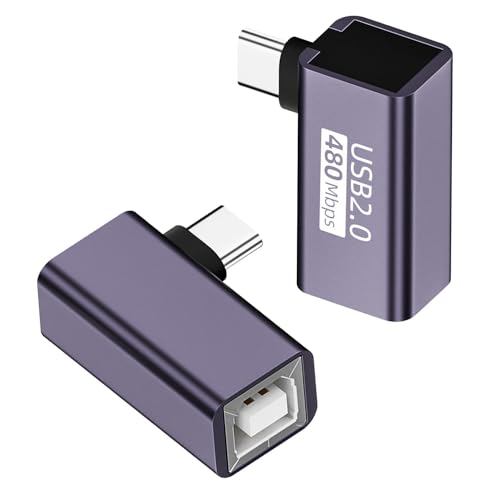 QIANRENON USB C auf USB B 90° Winkel Drucker Anschluss USB C Stecker auf MIDI Buchse E Instrument Rechter Winkel Adapter, 480Mbps 20W Aufladen, Al Gehäuse, für Elektronische Klaviere Drucker, 2Pcs von QIANRENON