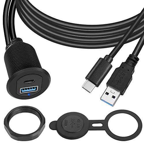 QIANRENON USB C & USB 3.0 Gewinde Befestigung Eingebettet Auto wasserdichte Kabel 5Gbps USB3.0 & USB C Panel Montage Verlängerungskabel, LED Licht, Al-Gehäuse, für Auto Boot Motorrad, 2m/6.5ft von QIANRENON