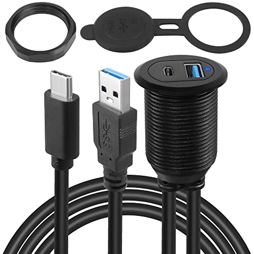 QIANRENON USB C & USB3.0 Eingebettet Auto Wasserdicht Kabel 10Gbps USB C 3.1 & USB3.0 Gewinde Befestigung Montage Kabel, PD 65W, 4K@60Hz Video, LED-Licht, Al ehäuse, für Auto Boot Moto, 2M/6.5ft von QIANRENON