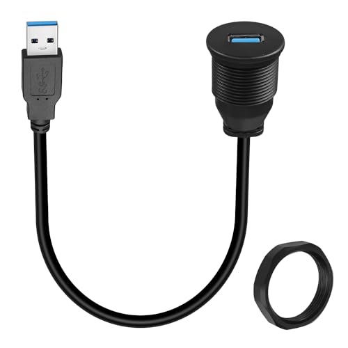 QIANRENON USB3.0 Gewinde Fest Montage Kurzes Kabel Adapter USB3.0 Stecker auf Buchse Eingebettet Montage Auto Kabel Anschluss 5Gbps 5V/2A Aufladen, für Armaturenbrett eine Auto/RV/Boot, 30cm/11.8in von QIANRENON