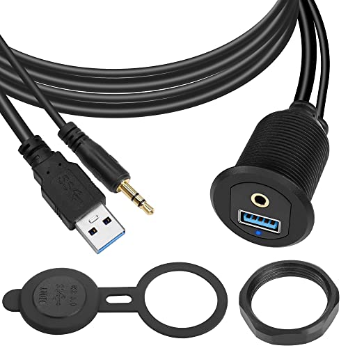 QIANRENON USB3.0 & 3,5mm Audio Eingebettet Auto wasserdichte Kabel 5Gbps TRS 3.5mm & USB3.0 Armaturenbrett Panel Montage Verlängerungskabel, LED Licht, Al-Gehäuse, für Auto Boote Motorräder, 2m/6.5ft von QIANRENON