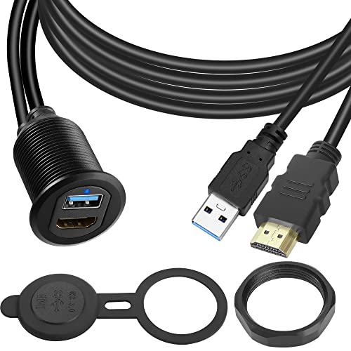 QIANRENON USB3.0 & HDMI Eingebettet Auto Wasserdicht Kabel USB3.0+HDMI 1.4 Gewinde Befestigung Montage Verlängerungskabel, LED-Licht, Al Ehäuse, für Armaturenbrett Auto Boot Moto, 2m/6.5ft von QIANRENON