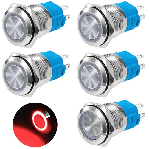 QIMEI-SHOP Druckschalter 16mm Taster LED Schalter 12-24 V 3A Verriegelung Wasserdicht Druckknopfschalter Messing 5 Pin mit Rot Ring LED-Licht für Auto KFZ Boot Motorrad 5 Stück QIMEI-SHOP Druckschalter 16mm Taster LED Schalter 12-24 V 3A Verriegelung Wasserdicht Druckknopfschalter Messing 5 Pin mit Rot Ring LED-Licht für Auto KFZ Boot Motorrad 5 Stück von QIMEI-SHOP