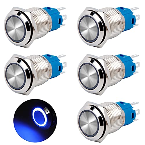 QIMEI-SHOP Druckschalter Wasserdicht 16mm Schalter 12-24 V 3A Momentanen Taster Druckknopfschalter Messing 5 Pin mit Blau Ring LED-Licht für Auto KFZ Boot Motorrad 5 Stück von QIMEI-SHOP