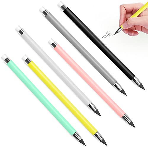 QINERSAW 6 Stück Tintenlose Bleistifte Ewig Stift Unendlicher Schreibstift Unbegrenzter Magische Bleistift ohne Anspitzen Wiederverwendbar Tintenschreiber Magic Pencil mit Gummi von QINERSAW