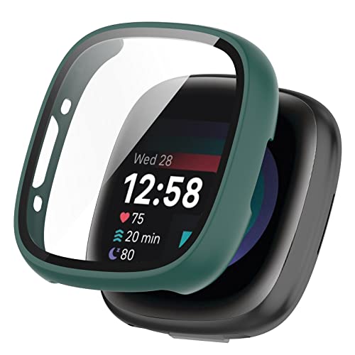 QINOUK Hard PC Case für Fitbit Versa 4/Fitbit Sense 2 mit eingebautem gehärtetem Glas, [Anti-Kratz] Rundumschutz Dünne Hülle Kompatibel mit Fitbit Versa 4/Fitbit Sense 2-Grün von QINOUK