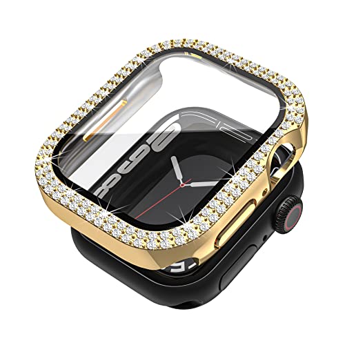 QINOUK Hard PC Hülle für Apple Watch Series 9 41mm mit Gehärtetem Glas, [Anti-Kratz] Set mit 2 Reihen Diamanten, Schutzhülle für Apple Watch Series 9-Gold von QINOUK