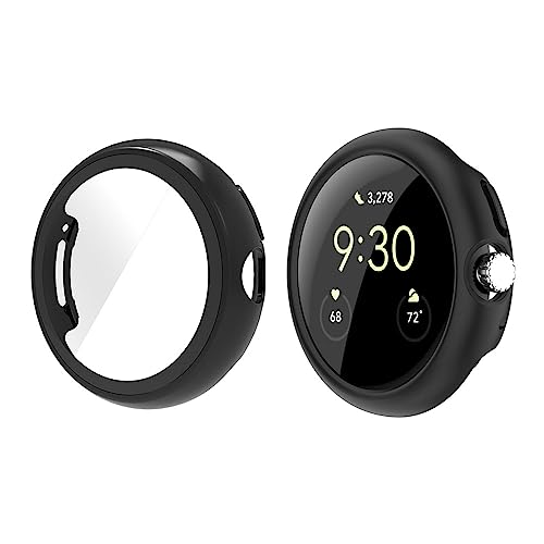 QINOUK Hard PC Hülle für Google Pixel Watch 2 mit Eingebautem Gehärtetem Glas, [2-Stück] Rundum Anti-Kratz-Schutzhülle Kompatibel mit Google Pixel Watch 2-Schwarz von QINOUK