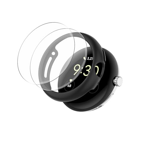 QINOUK Hard PC Hülle für Google Pixel Watch 3 45mm, Anti-Kratz Teilweise Schutzhülle Dünne Case, [2-Stück] Schutzfolie, Hülle Cover für Google Pixel Watch 3 45mm-Schwarz von QINOUK