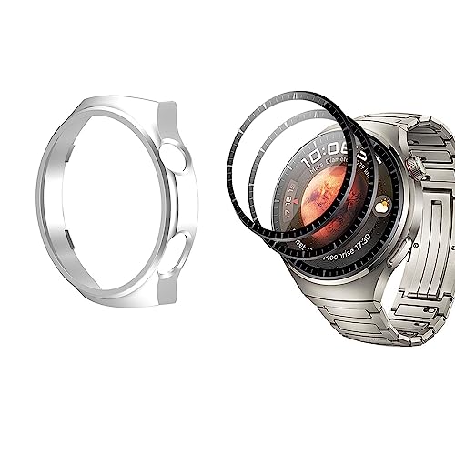 QINOUK Hard PC Hülle für Huawei Watch 4 Pro, Anti-Kratz Teilweise Schutzhülle Dünne Case, [2-Stück] Schutzfolie, Hülle Cover für Huawei Watch 4 Pro-Silber von QINOUK