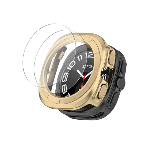 QINOUK Hard PC Hülle für Samsung Galaxy Watch Ultra, Anti-Kratz Teilweise Schutzhülle Dünne Case, [2-Stück] Schutzfolie, Hülle Cover für Samsung Galaxy Watch Ultra-Gold von QINOUK