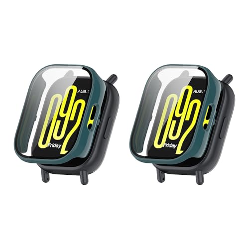 QINOUK Hard PC Hülle für Xiaomi Redmi Watch 5 Active mit Eingebautem Gehärtetem Glas, [2-Stück] Rundum Anti-Kratz-Schutzhülle Kompatibel mit Redmi Watch 5 Active-Grün von QINOUK