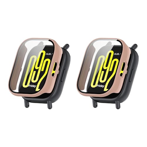 QINOUK Hard PC Hülle für Xiaomi Redmi Watch 5 Active mit Eingebautem Gehärtetem Glas, [2-Stück] Rundum Anti-Kratz-Schutzhülle Kompatibel mit Redmi Watch 5 Active-Rosa von QINOUK