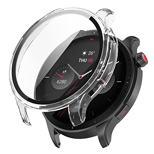 QINOUK Harte PC-Hülle für Amazfit GTR 4 mit integriertem Displayschutz aus gehärtetem Glas, [Anti-Drop] Anti-Kratzer-Schutzhülle, dünne Hülle, kompatibel mit Amazfit GTR 4-Clear von QINOUK