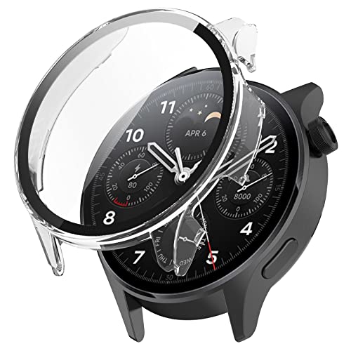 QINOUK Harte PC-Hülle für Xiaomi Watch S1 Pro mit eingebautem gehärtetem Glas-Displayschutz, [Anti-Drop] Anti-Kratz-Schutzhülle, dünne Hülle, kompatibel mit Xiaomi Watch S1 Pro-Clear von QINOUK