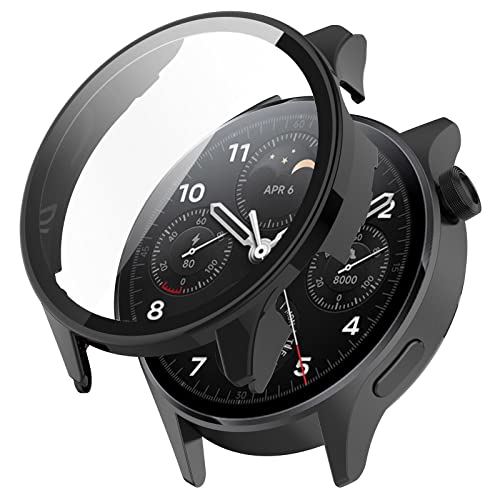 QINOUK Harte PC-Hülle für Xiaomi Watch S1 Pro mit eingebautem gehärtetem Glas-Displayschutz, [Anti-Drop] Anti-Kratz-Schutzhülle, dünne Hülle, kompatibel mit Xiaomi Watch S1 Pro-Schwarz von QINOUK