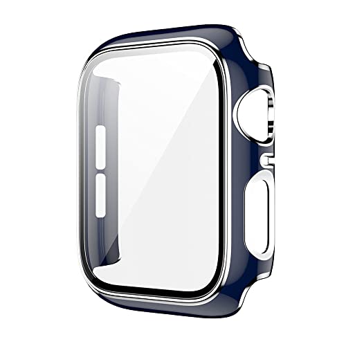 QINOUK Harte PC-Schutzhülle für Apple Watch Series 8, 45 mm, mit eingebautem gehärtetem Glas, kratzfest, zweifarbig, galvanisiert, Rundumschutz, für Apple Watch Series 8, 45 mm, Blau / Silber von QINOUK