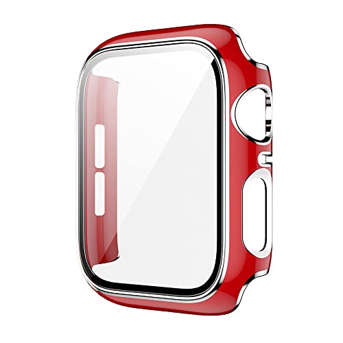 QINOUK Harte PC-Schutzhülle für Apple Watch Series 8, 45 mm, mit eingebautem gehärtetem Glas, kratzfest, zweifarbige Galvanik, Rundumschutz, für Apple Watch Series 8, 45 mm, Rot / Silber von QINOUK