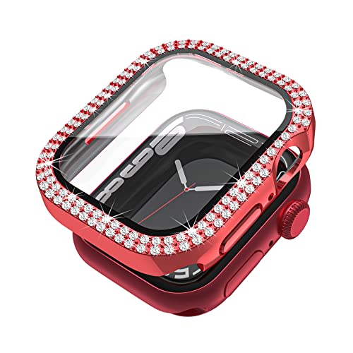 QINOUK Hartschale für Apple Watch Serie 7 41 mm mit eingebautem gehärtetem Glas [kratzfest], Gehäuse-Set mit 2 Reihen glänzender Diamanten, Rundumschutz, für Apple Watch Serie 7 41 mm-rot von QINOUK