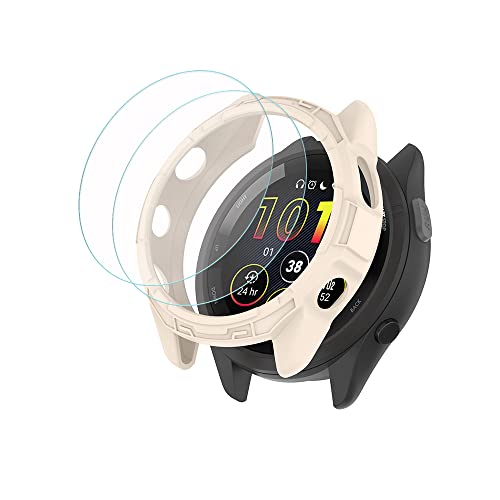 QINOUK Hülle für Garmin Forerunner 965, [Anti-Sturz] Weiches TPU Teilweise Schutzhülle Case, [2-Pack] Schutzfolie, Hülle Cover für Garmin Forerunner 965-Elfenbein weiß von QINOUK