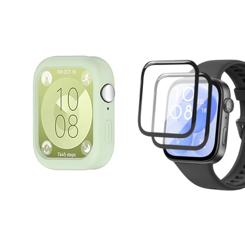 QINOUK Hülle für Huawei Watch Fit 3, [Anti-Sturz] Weiches Silikon Teilweise Schutzhülle, [2 Pack] Schutzfolie für Huawei Watch Fit 3-Mintgrün von QINOUK