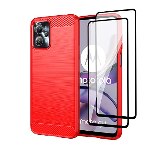 QINOUK Hülle für Motorola Moto G13, [Anti-Fingerabdruck] Gebürstet Textur Design, Weiche TPU Hülle mit [2-Pack] Gehärtetem Glas Schutzfolie für Motorola Moto G13-Rot von QINOUK