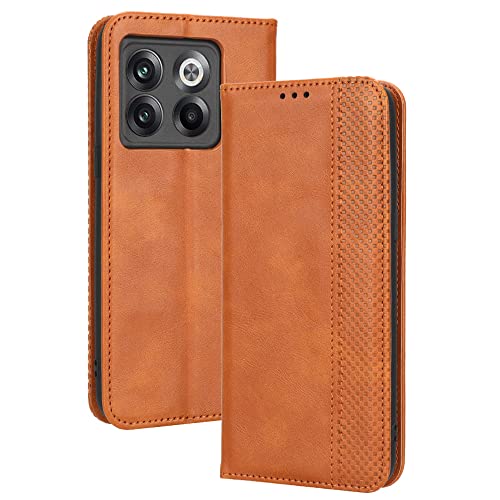 QINOUK Hülle für OnePlus 10T, [3-Kartenschlitz] [Standfunktion] Magnetverschluss, PU-Lederhülle, Schutzhülle für OnePlus 10T-Braun von QINOUK