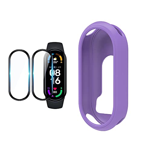 QINOUK Hülle für Xiaomi Mi Band 8, [Anti-Sturz] Weiches Silikon Teilweise Schutzhülle, [2 Pack] Schutzfolie für Xiaomi Band 8-Lila von QINOUK
