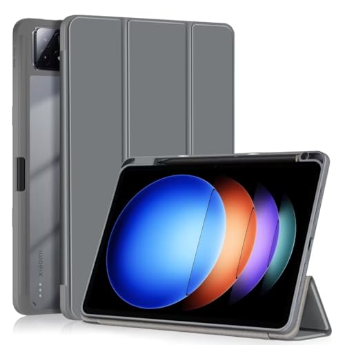 QINOUK Hülle für Xiaomi Pad 6S Pro 12.4, [Standfunktion] Ultradünne Weiche TPU Smart Cover mit Auto Sleep Wake, Klares Acryl Anti-Kratz Hülle für Xiaomi Pad 6S Pro 12.4-Grau von QINOUK