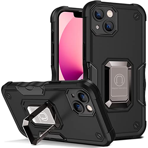 QINOUK Schutzhülle für Apple iPhone 14, [Ständer] Hartplastik & Weiche TPU Anti-Kratz-Schutzhülle mit Metallring, unterstützt magnetische Autohalterung, kompatibel mit iPhone 14, Schwarz von QINOUK