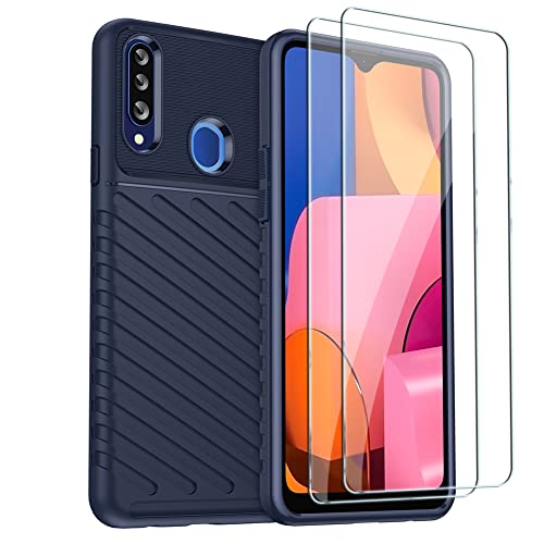 QINOUK Schutzhülle für Samsung Galaxy A20s, [stoßfest] Silikon-Schutzhülle mit [2er-Pack] Displayschutzfolie aus gehärtetem Glas, kompatibel mit Samsung Galaxy A20s-Blau von QINOUK