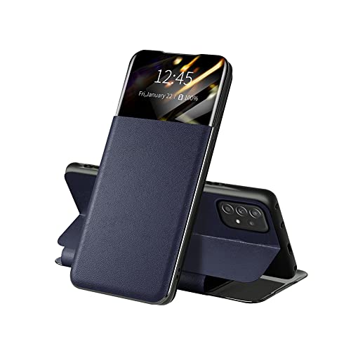 QINOUK Schutzhülle für Samsung Galaxy A72, stoßfest, intelligente Klappe, PU-Leder, Top-Display, kleines Fenster, Handyhülle [1 Fächer] [Standfunktion] Kompatibel mit Samsung Galaxy A72-Blau von QINOUK