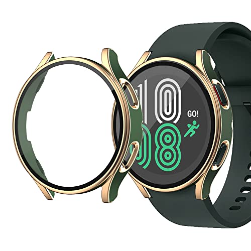 QINOUK Schutzhülle für Samsung Galaxy Watch 5, 40 mm, mit eingebautem gehärtetem Glas, hartem PC, zweifarbig, galvanisiert, kratzfest, für Galaxy Watch 5, 40 mm, Grün / Roségold von QINOUK