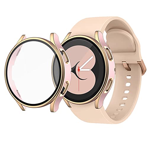QINOUK Schutzhülle für Samsung Galaxy Watch 5, 40 mm, mit eingebautem gehärtetem Glas, hartem PC, zweifarbig, galvanisiert, kratzfest, für Galaxy Watch 5, 40 mm, Rosa / Roségold von QINOUK
