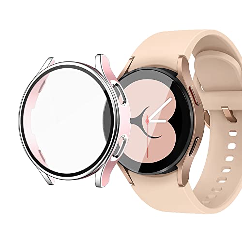 QINOUK Schutzhülle für Samsung Galaxy Watch 5, 40 mm, mit eingebautem gehärtetem Glas, hartem PC, zweifarbig, galvanisiert, kratzfest, für Galaxy Watch 5, 40 mm, Rosa / Silber von QINOUK