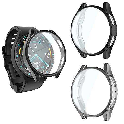 QINOUK Schutzhülle für Samsung Galaxy Watch 5, 44 mm, mit eingebautem Displayschutz, weiche TPU, dünne Abdeckung, kratzfest, Rundumschutz für Galaxy Watch 5, 44 mm, Schwarz/Grau, 2 Stück von QINOUK