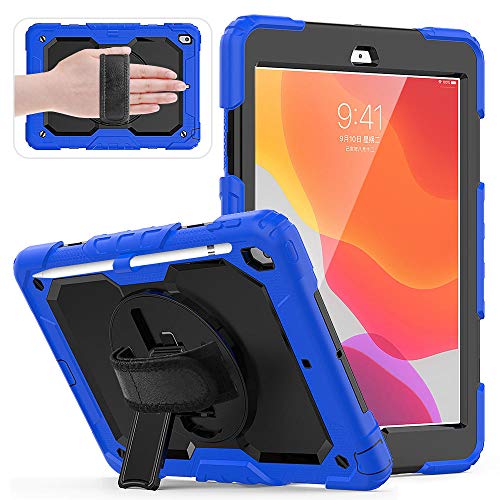 QINYUP 2020 Neue Tablet-Hülle für iPad 10.2 Hülle mit 360-Grad-Handschlaufe Kindersichere Silikonhülle mit Bulit-In Kickstand-Blau von QINYUP