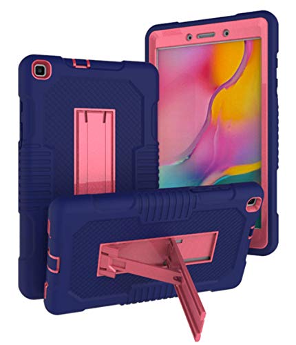 QINYUP Geeignet für Samsung Tab A 8.0 T290 / T295 DREI-in-Eins-Silikon-PC-Unterstützung für Absturzsicherung und stoßfeste Flache Schutzhülle - Navy + Rose Red von QINYUP