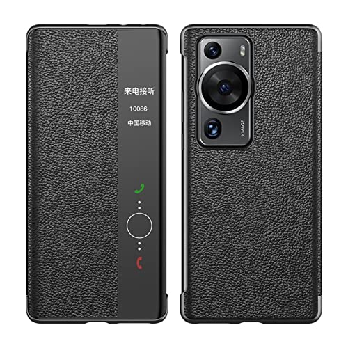 Flip-Cover aus echtem Leder for Huawei P60 P60Pro Hülle Smart Touch View Wake Sleep Up Protection (Farbe : Schwarz, Size : Huawei P60 Pro) von QISUO