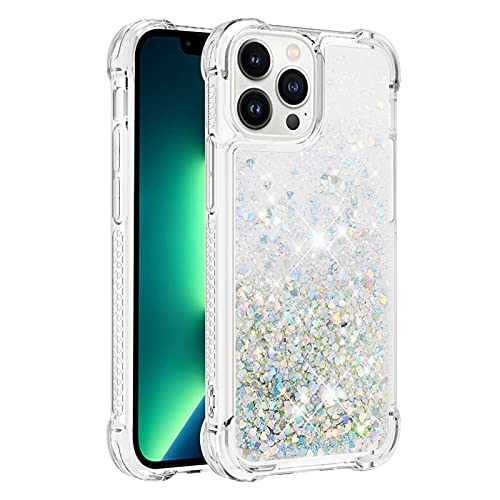 QIVSTAR Crystal Case for iPhone 15 Pro, iPhone 15 Pro Glitter Bling Sparkle Liquid Case Women Girls Luxury Flowing Treibsand Clear Case for iPhone 15 Pro 6.1" Silver Love YBW von QIVSTAR