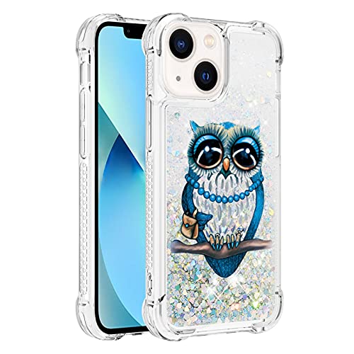 QIVSTAR Hülle für iPhone 15 Plus, Slim Phone Crystal Bling Treibsand Effekt TPU Bumper Case mit vier Ecken Fallschutz Cover für iPhone 15 Plus 6,7 Zoll Blaue Eule YB von QIVSTAR