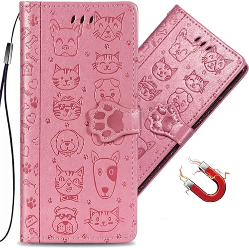 QIVSTAR Schutzhülle für Samsung Galaxy S24 Ultra, Brieftaschen-Schutzhülle für Damen, mit Kartenhalter, geprägt, niedlich, PU-Leder, magnetische Schutzhülle mit Umhängeband, Tiere, Rosa, SD4 von QIVSTAR