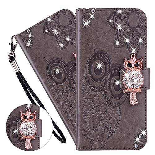 QIVSTAR Schutzhülle für Samsung Galaxy S25 Ultra mit Strasssteinen, PU-Leder, Klappetui mit Handgelenkschlaufe, Kartenfächern, Eule, Grau YK von QIVSTAR