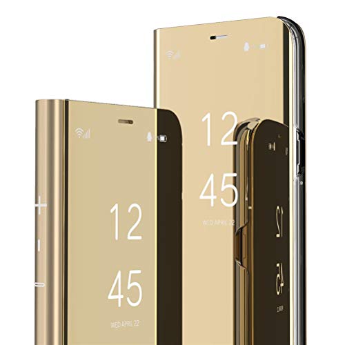 QIVSTARS Schutzhülle für Samsung Galaxy S8 Plus, cooler Stil, klares Sichtfenster, galvanisiert, Ständer, kratzfest, Rundumschutz, Flip Ultra Slim Cover 3-plattierter Spiegel: Gold. von QIVSTARS