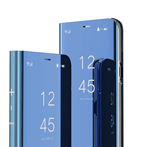 QIWEIQING Samsung Galaxy S10+ Hülle Bookstyle Mirror Design Makeup Clear View Window Ständer Ganzkörperschutz Bumper Flip Folio Shell Cover für Galaxy S10 Plus Flip Mirror Blue QH von QIWEIQING